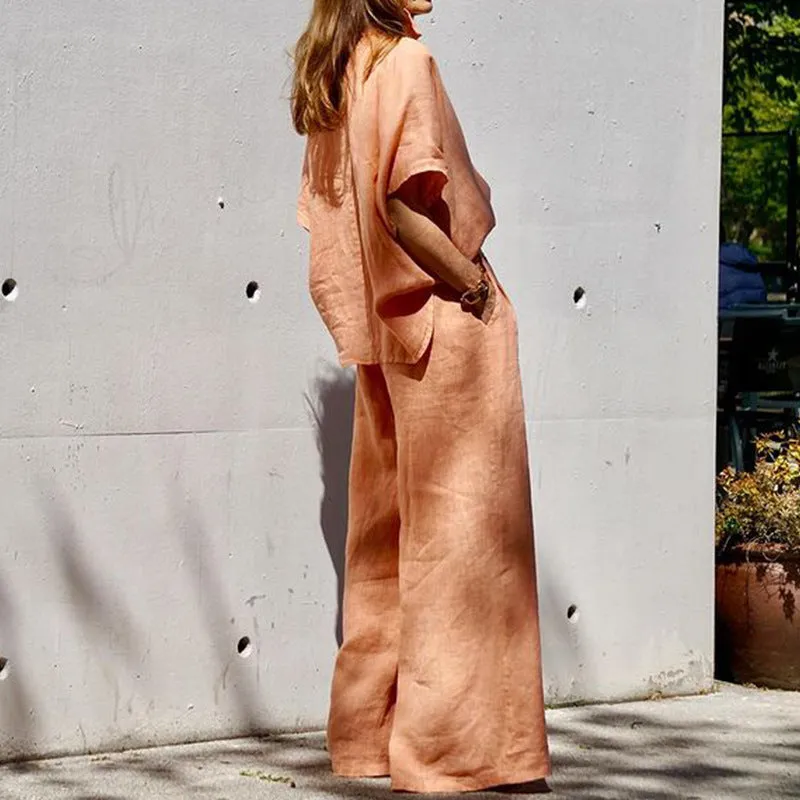 Women's Fashion Solid Color Loose Cotton And Linen Tops Pants Suit