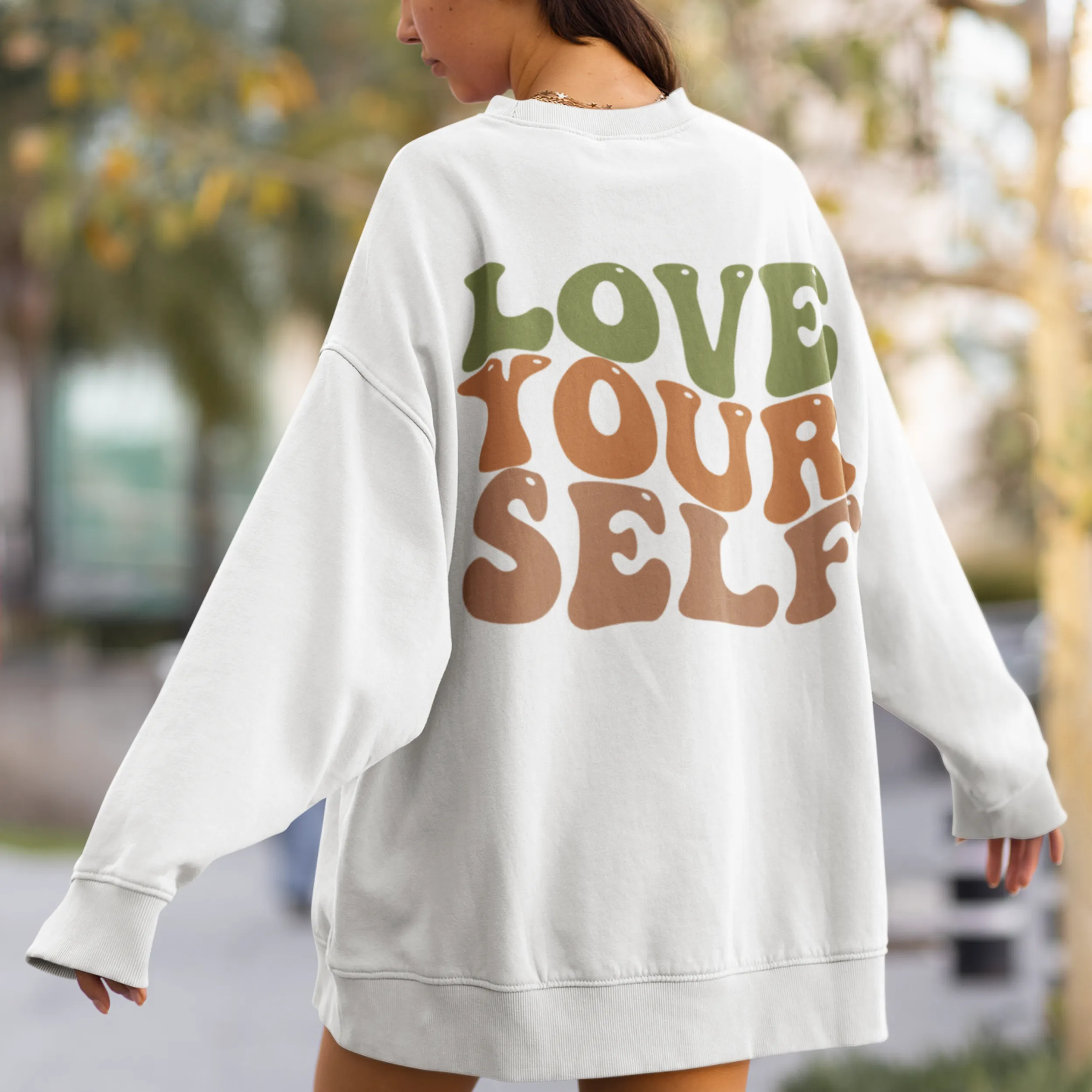 Women's Trendy Love Yourself Retro Design Unisex-Size Crewneck Sweatshirt Gift for Her White Pullover Front or Back Design