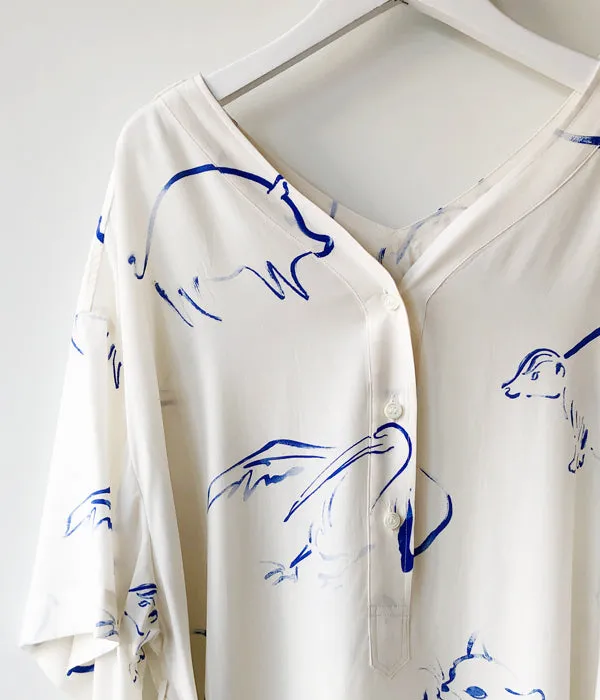 WRYHT/SLIT NECK PAJAMA DRESS(DRAWING/RAW WHITE)