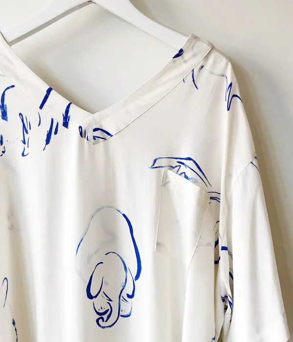 WRYHT/SLIT NECK PAJAMA DRESS(DRAWING/RAW WHITE)