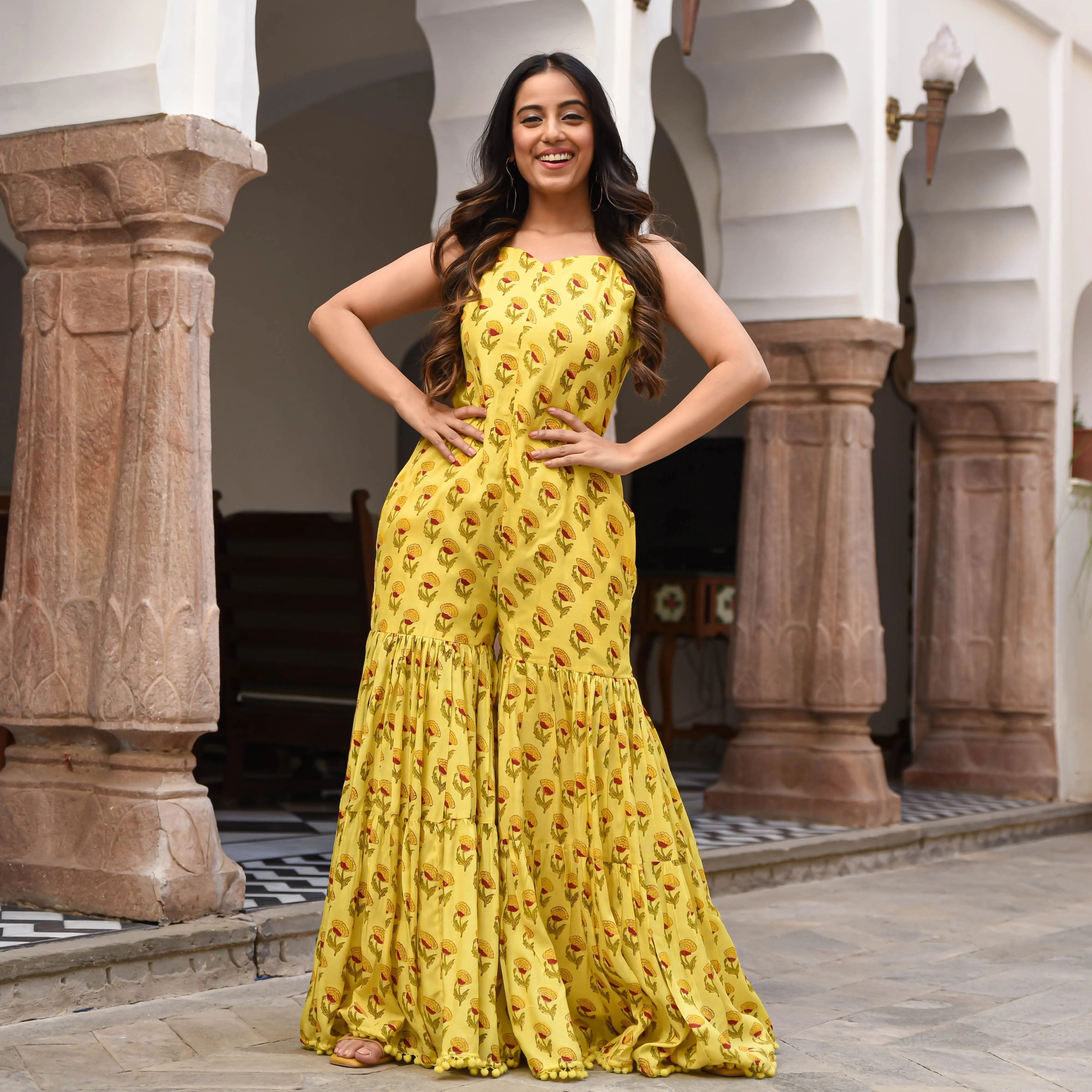 Yellow Floral Cotton Jumpsuit