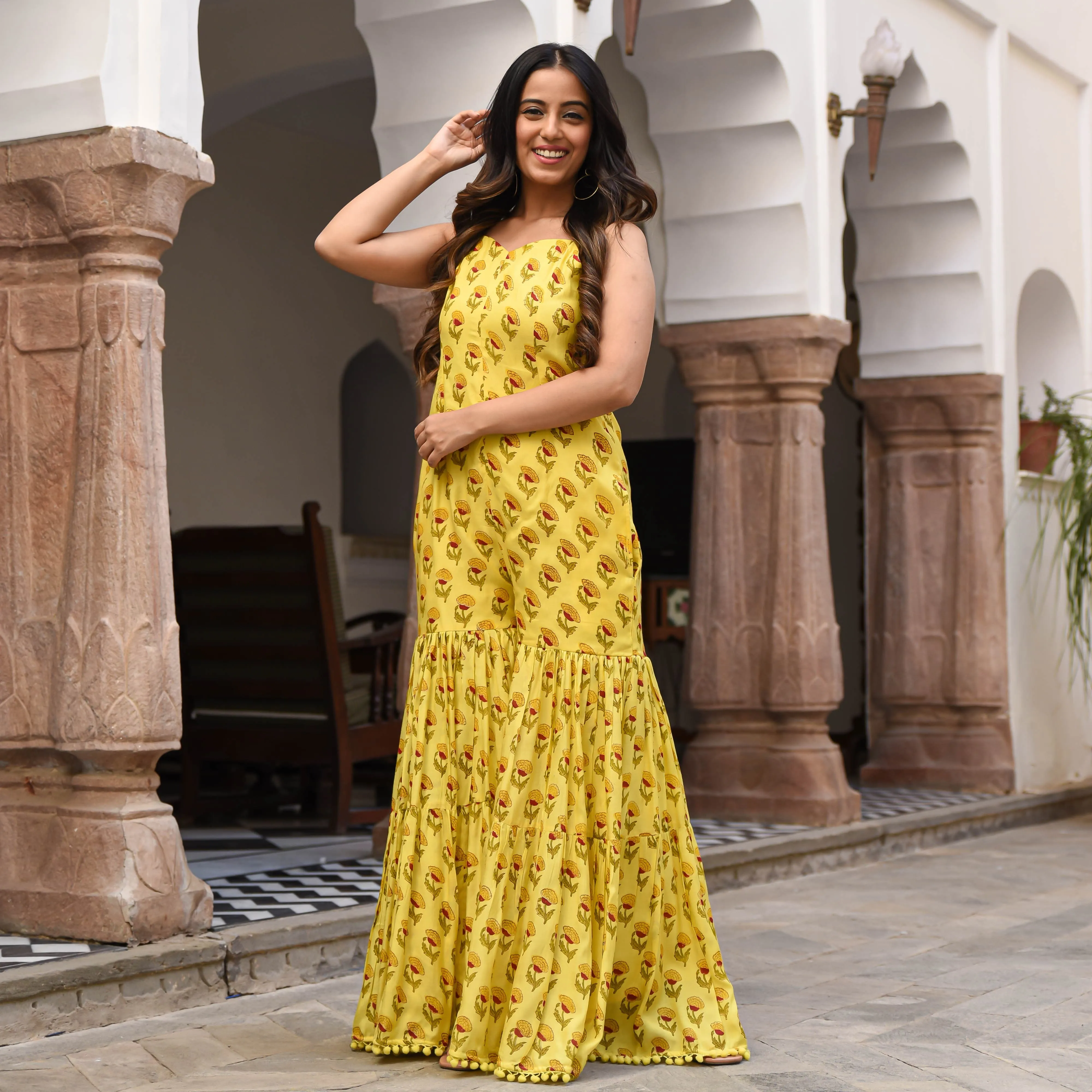 Yellow Floral Cotton Jumpsuit