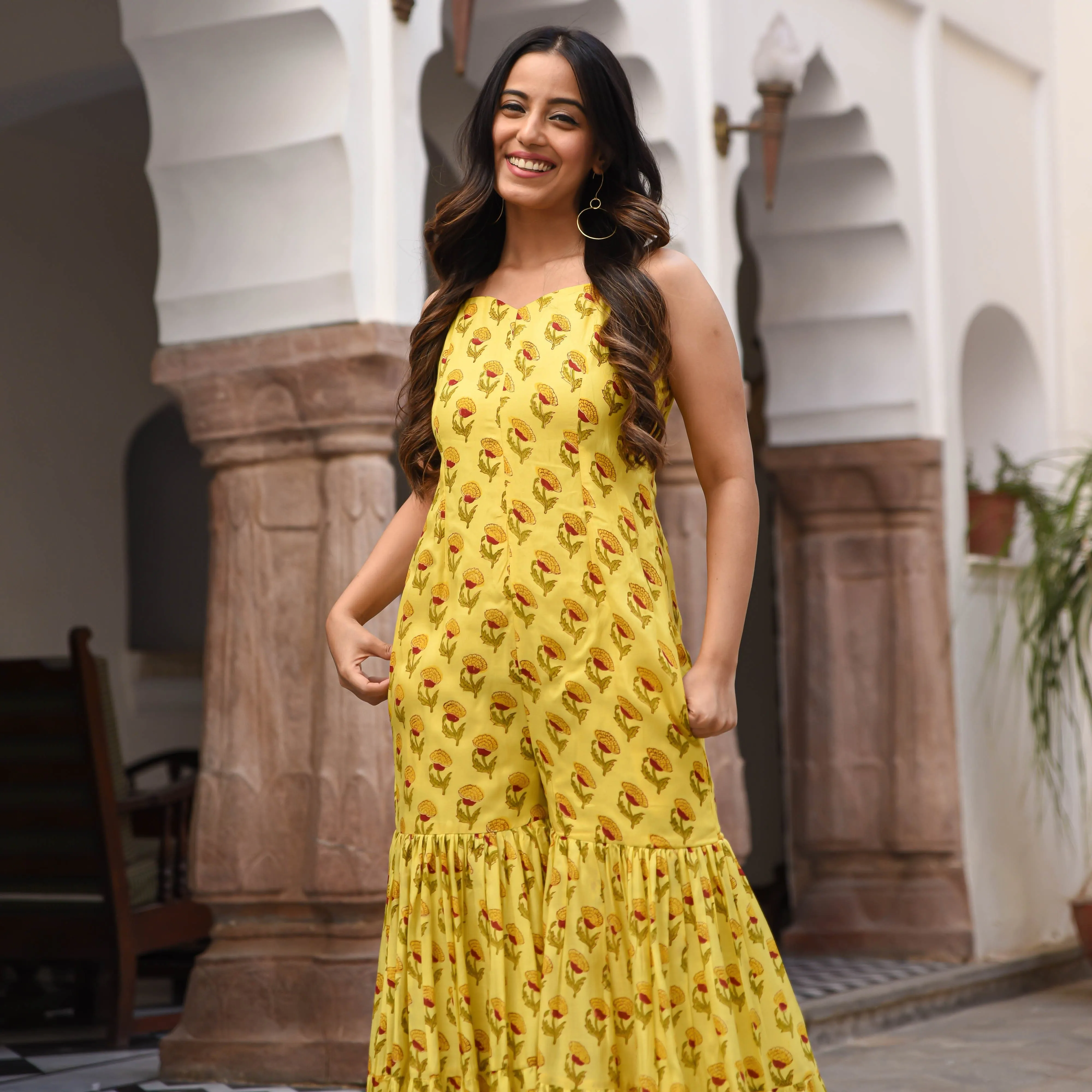 Yellow Floral Cotton Jumpsuit